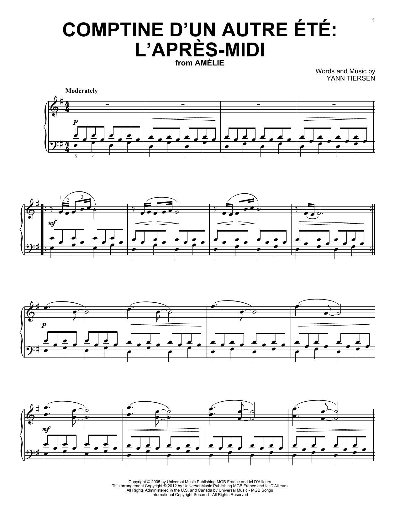 Yann Tiersen Comptine D'Un Autre Ete sheet music notes and chords. Download Printable PDF.