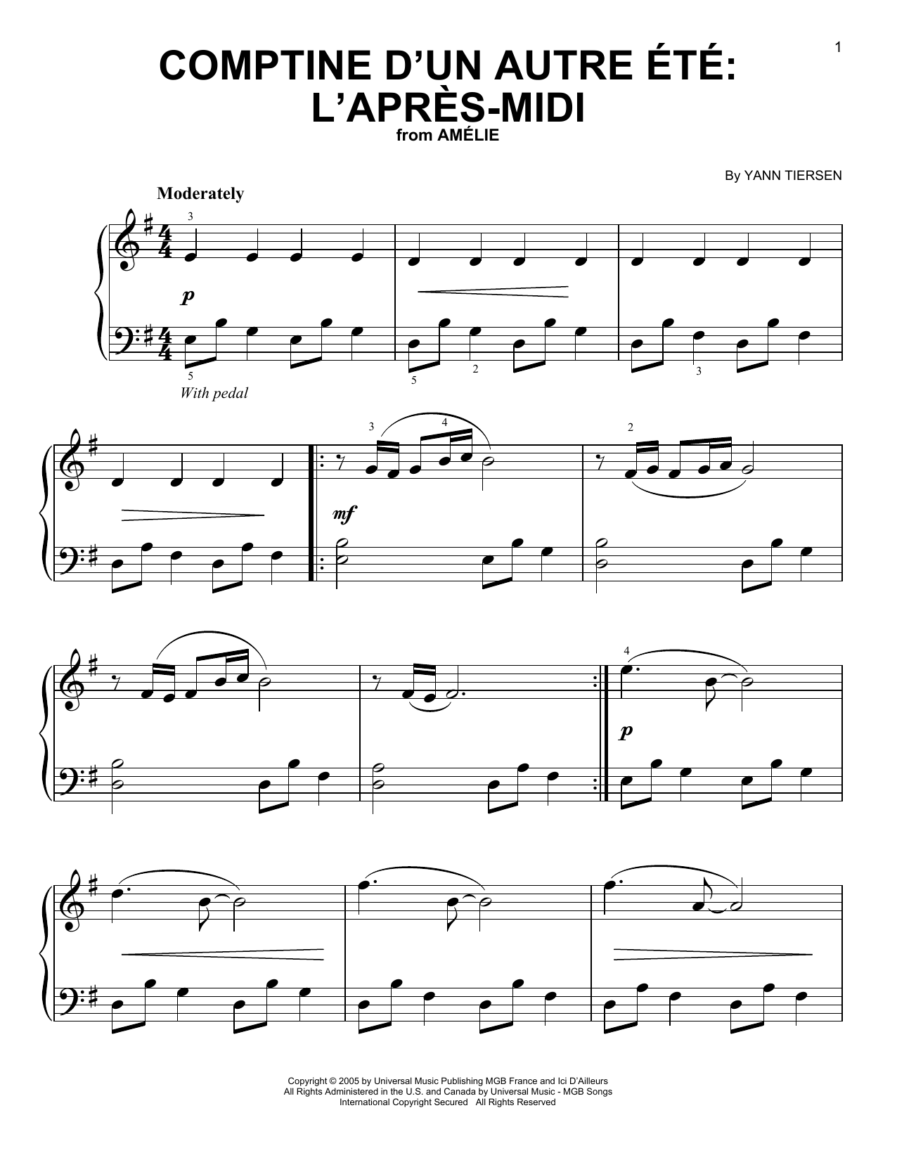 Yann Tiersen Comptine d'un autre été: L'après-midi sheet music notes and chords. Download Printable PDF.