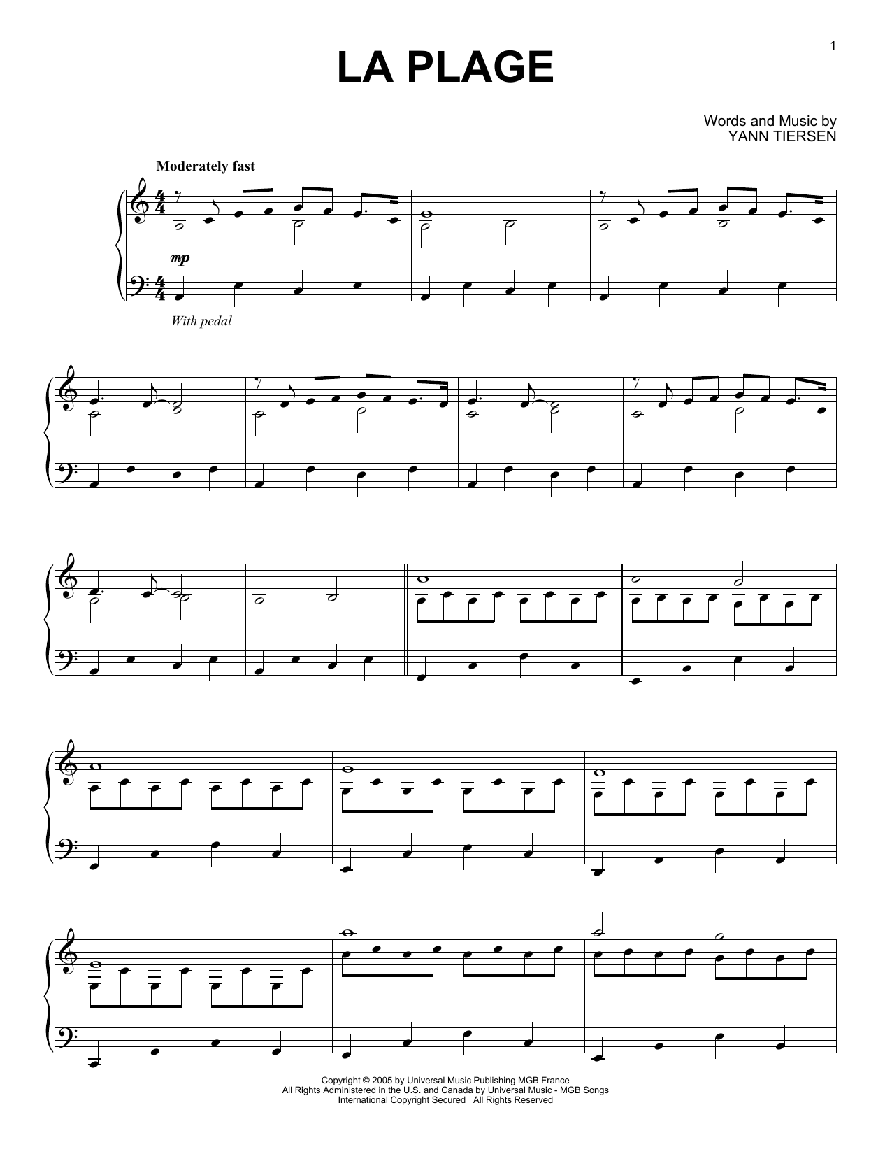 Yann Tiersen La Plage sheet music notes and chords. Download Printable PDF.