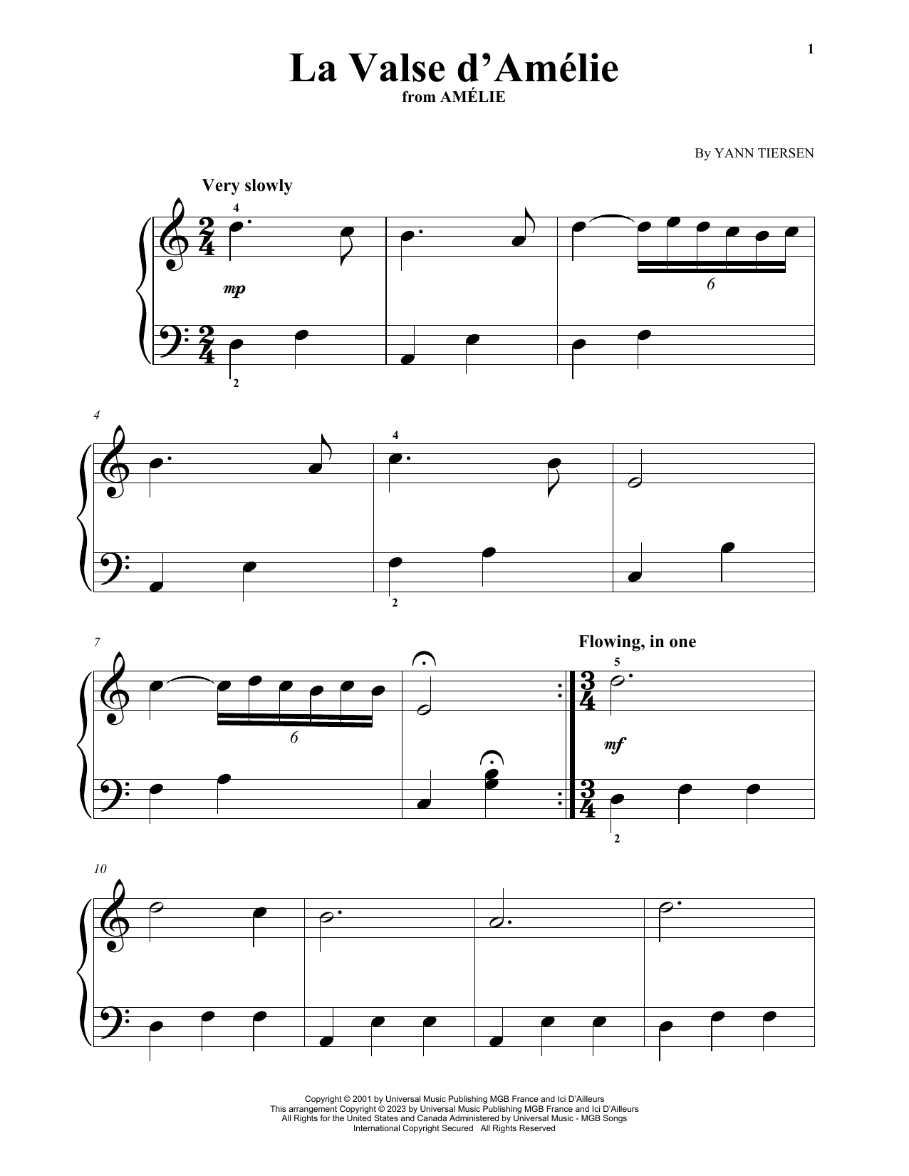 Yann Tiersen La Valse D'Amelie (from Amelie) sheet music notes and chords arranged for Beginning Piano Solo