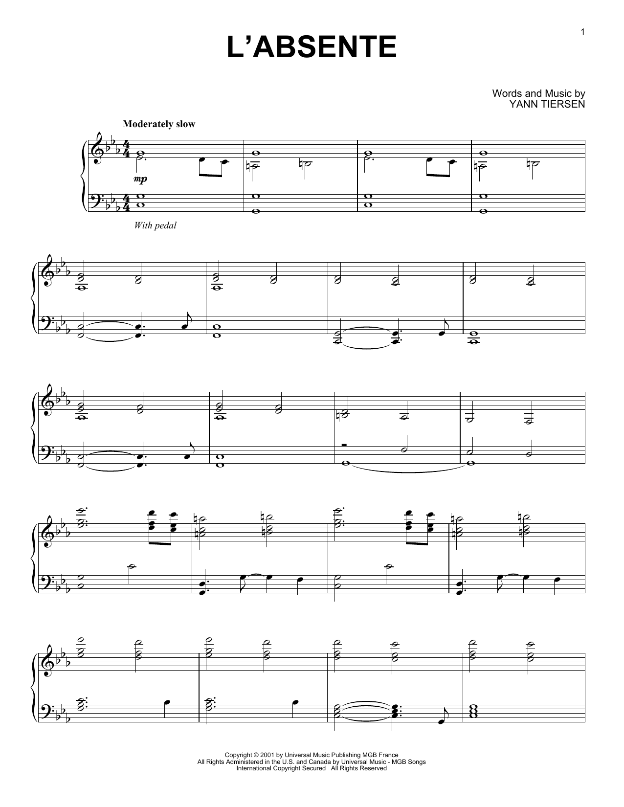 Yann Tiersen L'Absente sheet music notes and chords. Download Printable PDF.