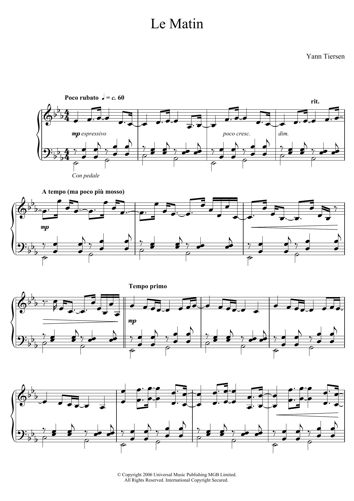 Yann Tiersen Le Matin sheet music notes and chords. Download Printable PDF.