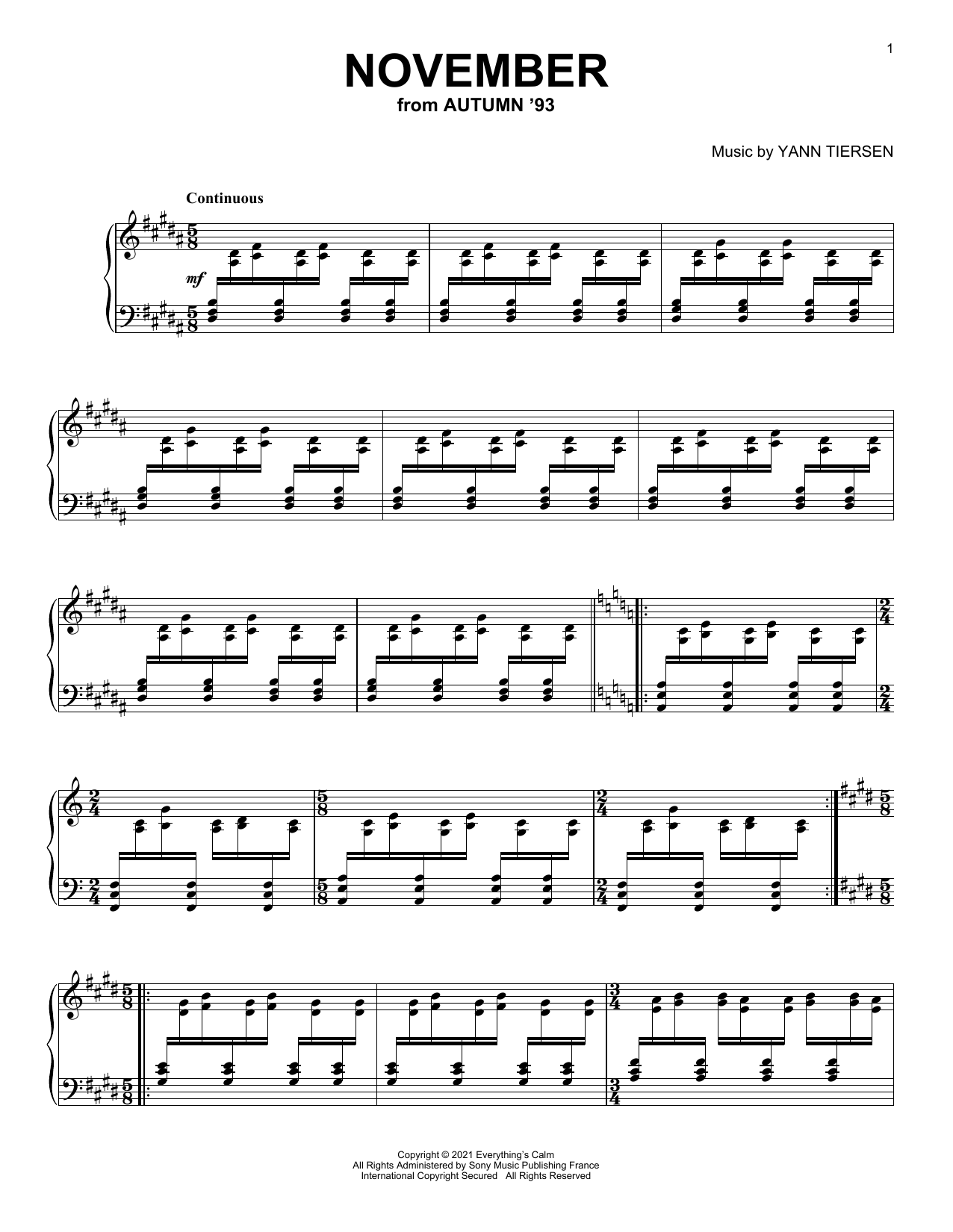 Yann Tiersen November sheet music notes and chords. Download Printable PDF.