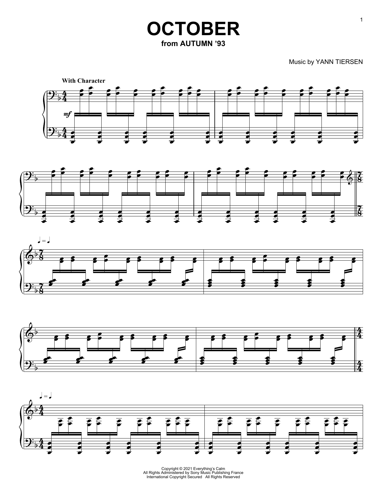 Yann Tiersen October sheet music notes and chords. Download Printable PDF.