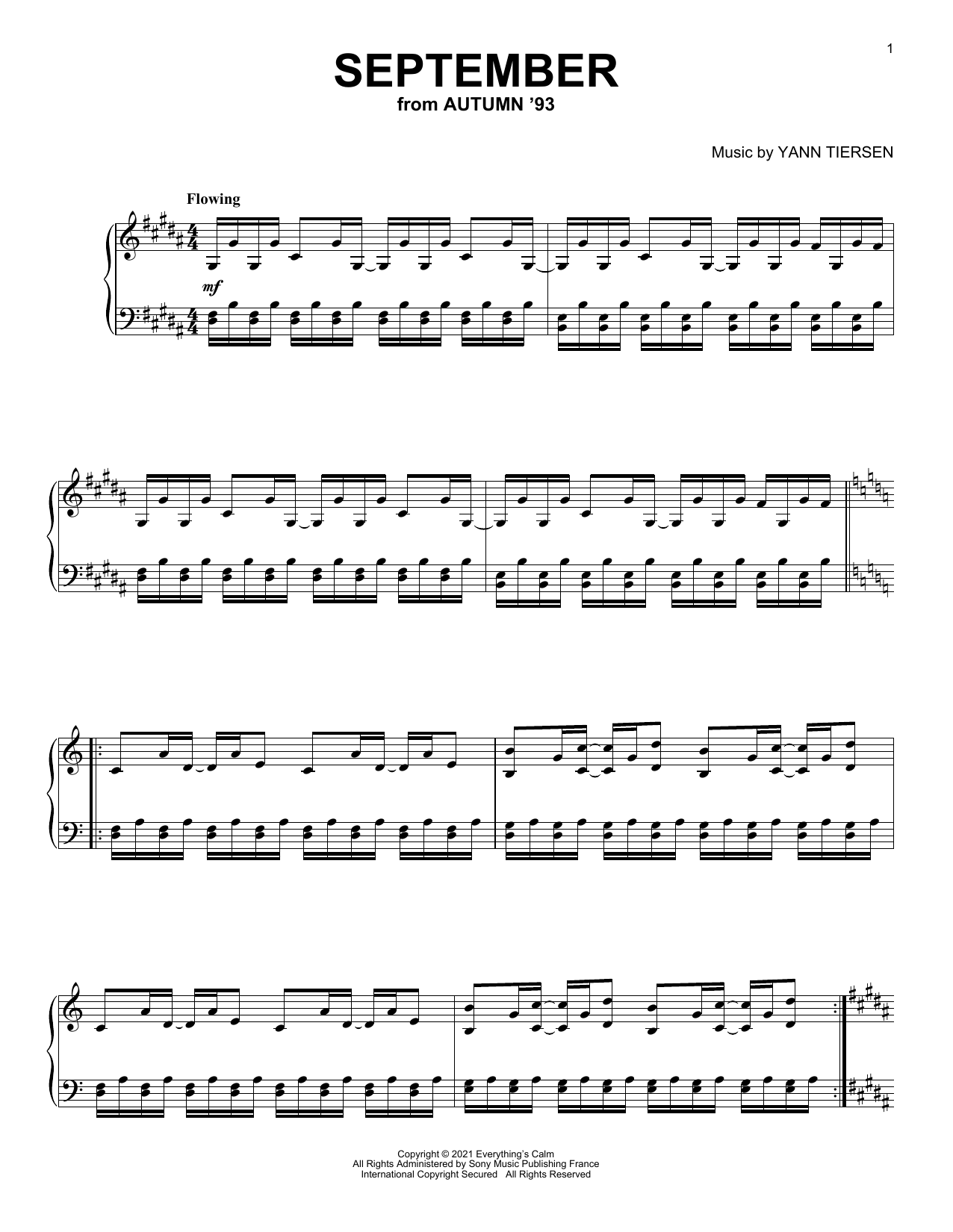 Yann Tiersen September sheet music notes and chords. Download Printable PDF.