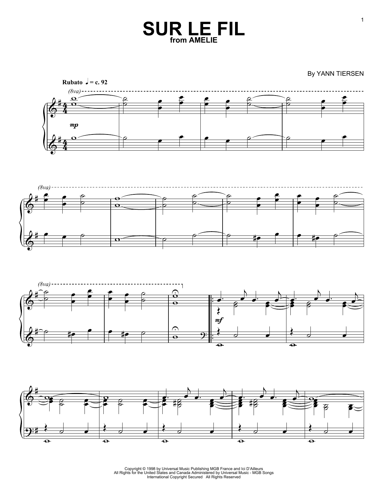 Yann Tiersen Sur Le Fil sheet music notes and chords. Download Printable PDF.