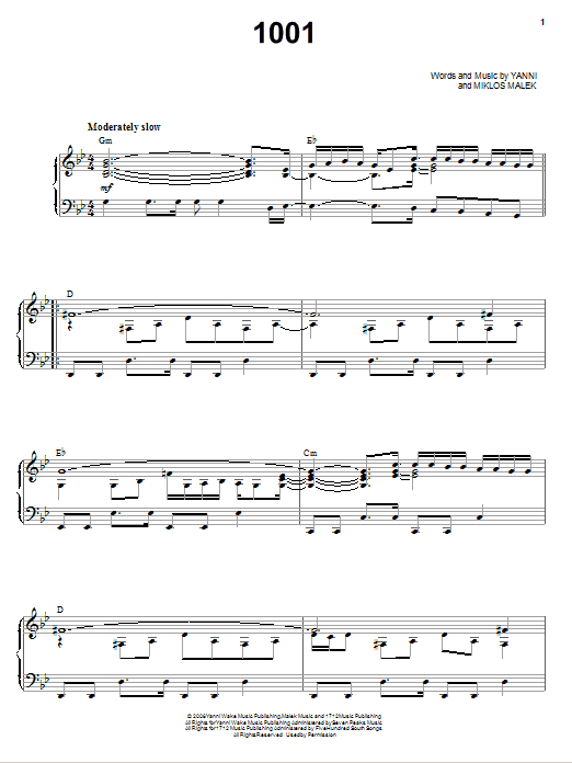 Learn to play Yanni 1001 sheet music for Piano, Vocal & Guitar Chords (Right-Hand Melody) in minutes. Price: 7.8900$ Yanni 1001 sheet music notes and chords arranged for Piano, Vocal & Guitar Chords (Right-Hand Melody)