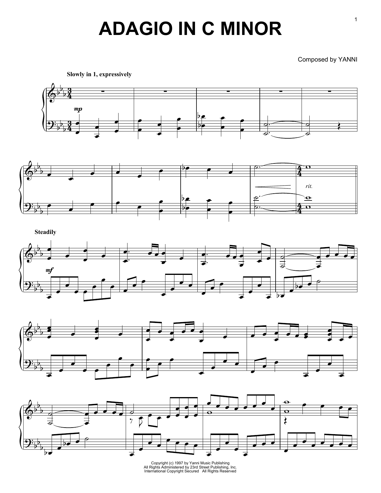 Learn to play Yanni Adagio In C Minor sheet music for Piano Solo in minutes. Price: 6.9900$ Yanni Adagio In C Minor sheet music notes and chords arranged for Piano Solo