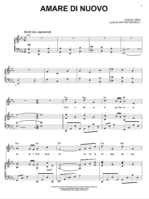 Yanni Amare Di Nuovo sheet music notes and chords arranged for Piano, Vocal & Guitar Chords (Right-Hand Melody)