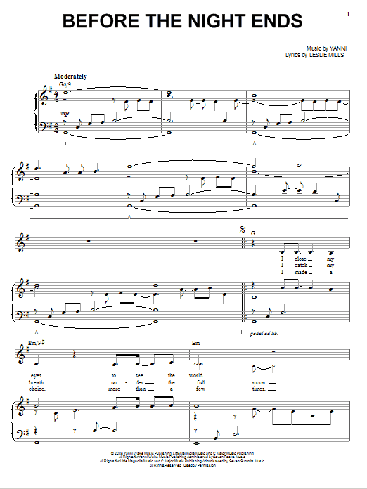 Yanni Before The Night Ends sheet music notes and chords arranged for Piano, Vocal & Guitar Chords (Right-Hand Melody)