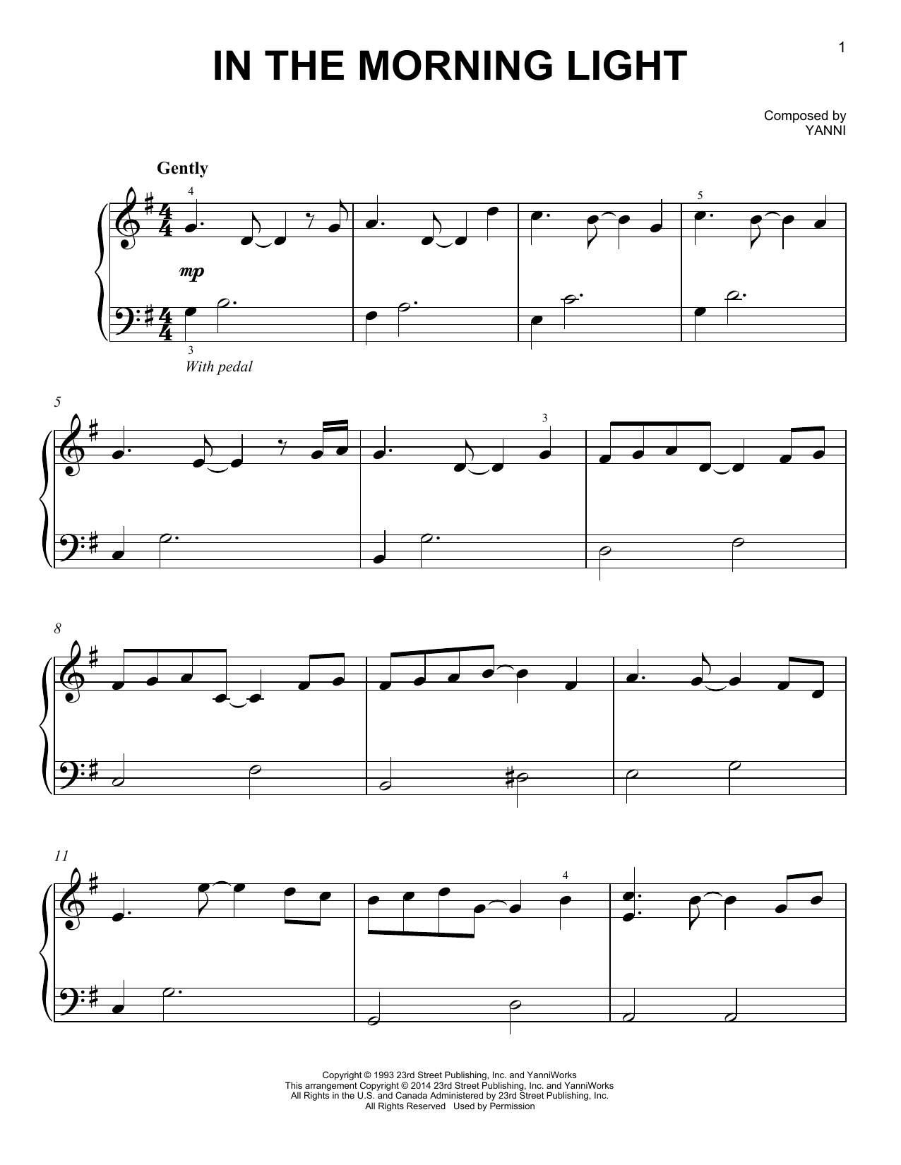 Yanni In The Morning Light sheet music notes and chords. Download Printable PDF.