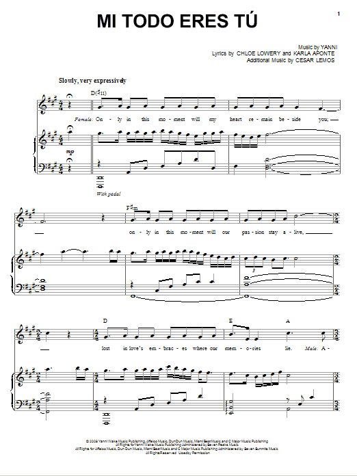 Yanni Mi Todo Eres Tu sheet music notes and chords arranged for Piano, Vocal & Guitar Chords (Right-Hand Melody)