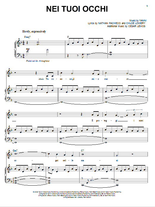 Yanni Nei Tuoi Occhi sheet music notes and chords arranged for Piano, Vocal & Guitar Chords (Right-Hand Melody)