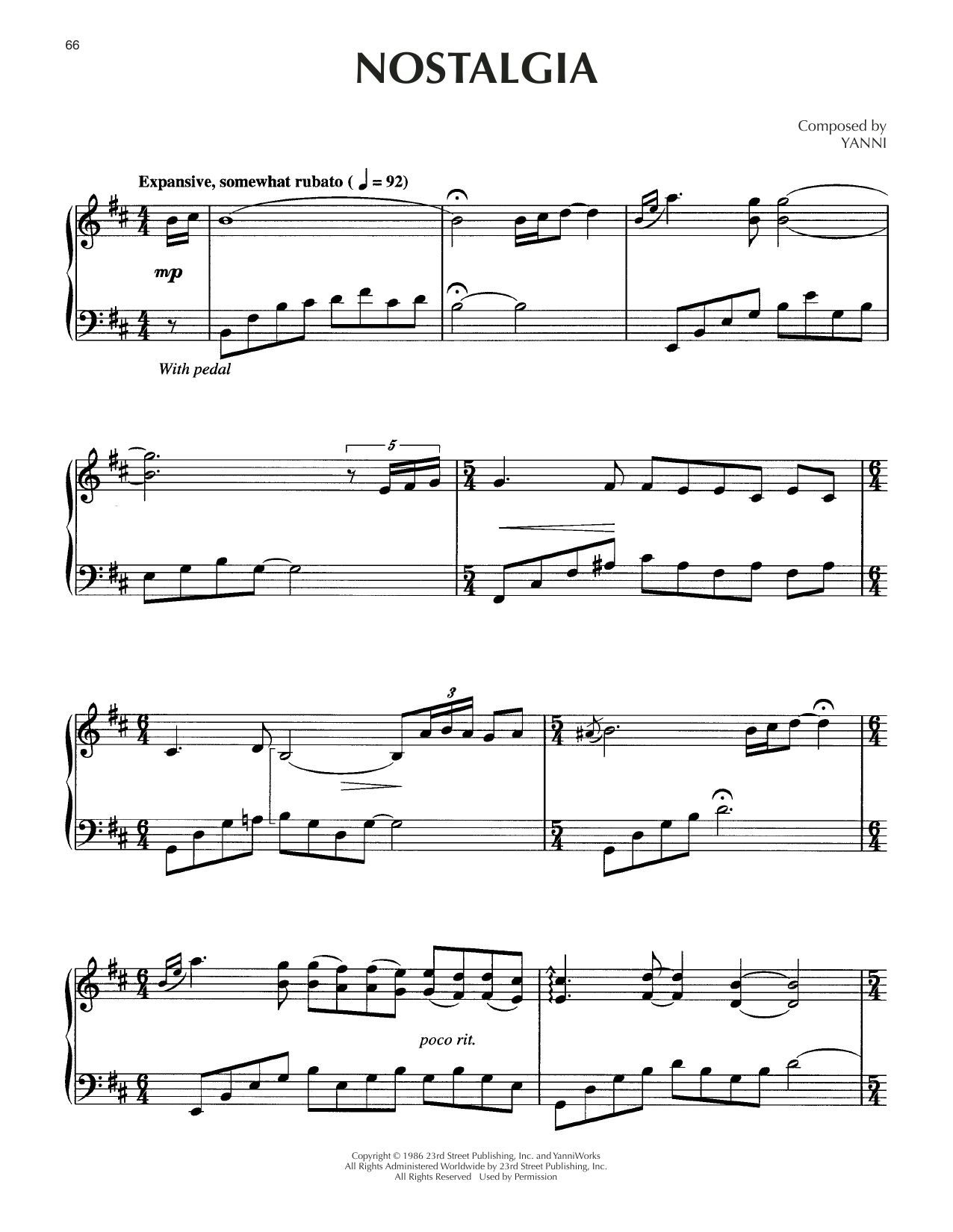 Yanni Nostalgia sheet music notes and chords. Download Printable PDF.