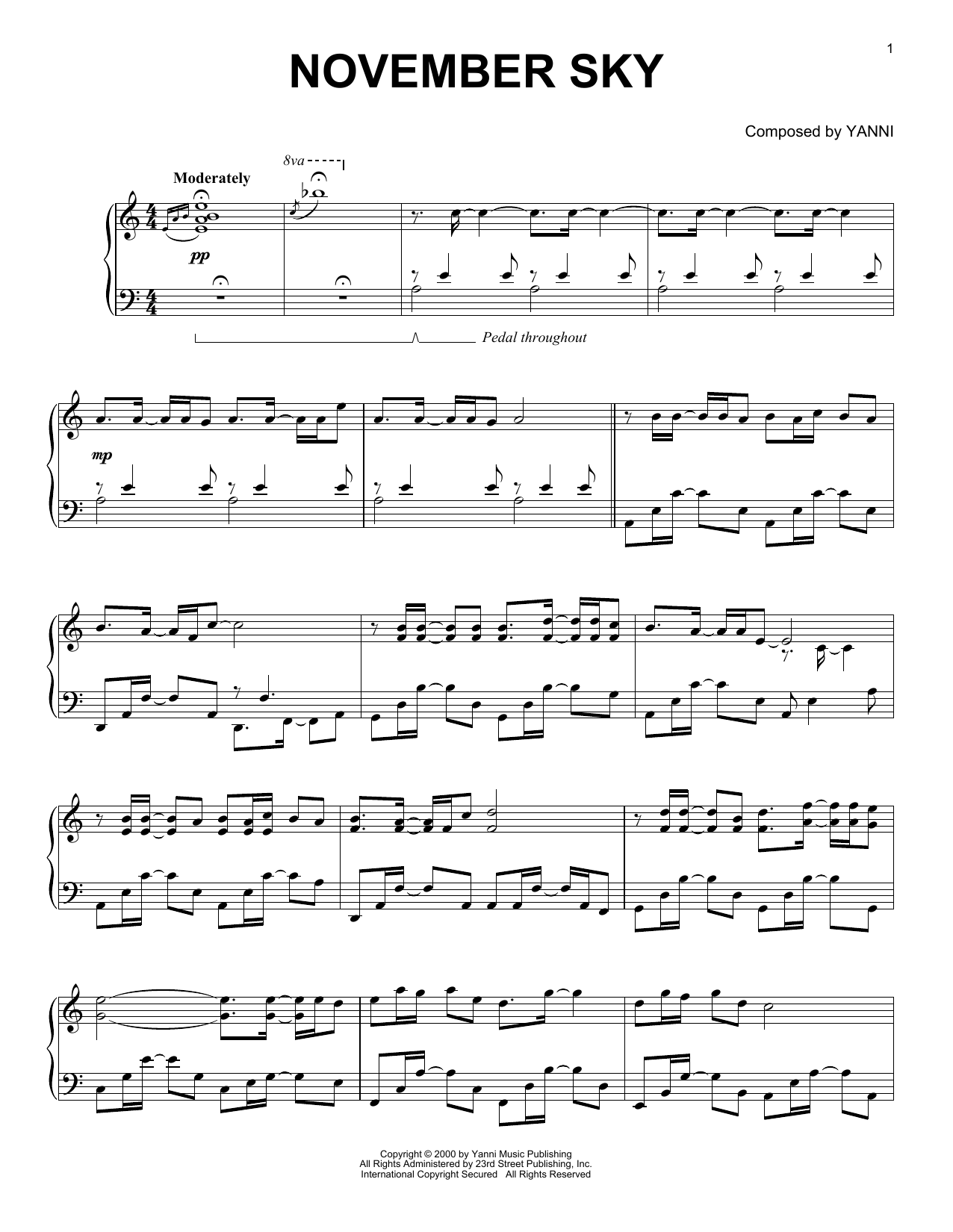 Learn to play Yanni November Sky sheet music for Piano Solo in minutes. Price: 6.9900$ Yanni November Sky sheet music notes and chords arranged for Piano Solo