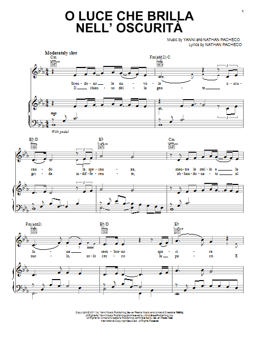 Yanni O Luce Che Brilla Nell'Oscurita sheet music notes and chords. Download Printable PDF.