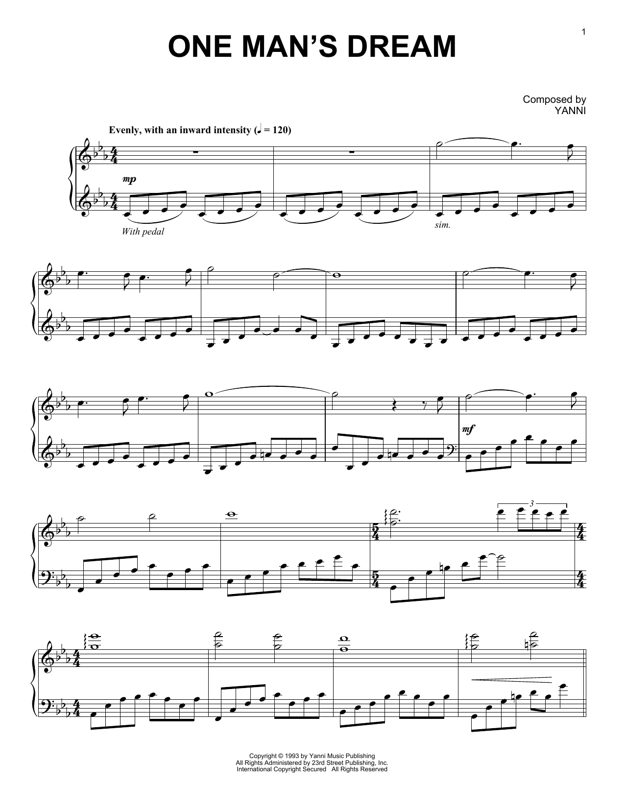 Yanni One Man's Dream sheet music notes and chords. Download Printable PDF.