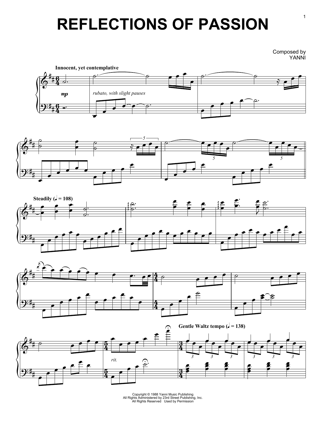 Yanni Reflections Of Passion sheet music notes and chords. Download Printable PDF.