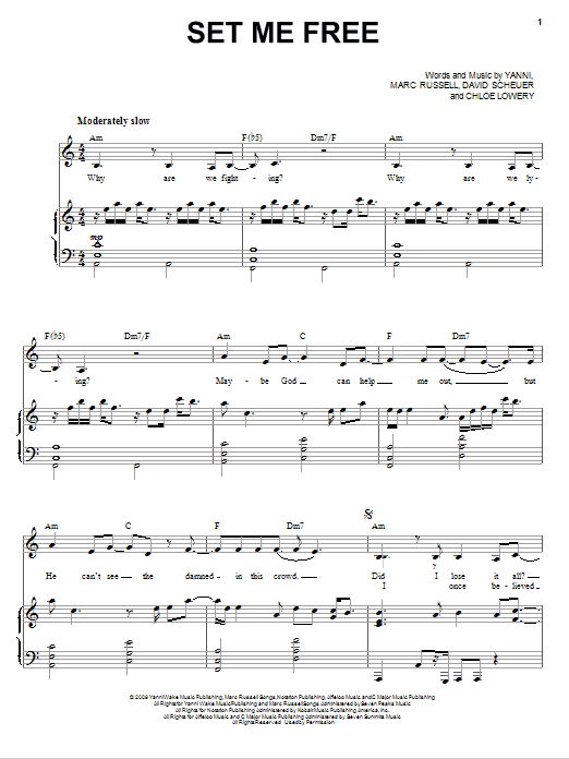 Learn to play Yanni Set Me Free sheet music for Piano, Vocal & Guitar Chords (Right-Hand Melody) in minutes. Price: 7.8900$ Yanni Set Me Free sheet music notes and chords arranged for Piano, Vocal & Guitar Chords (Right-Hand Melody)