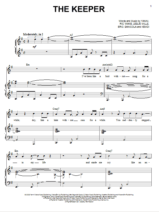 Yanni The Keeper sheet music notes and chords arranged for Piano, Vocal & Guitar Chords (Right-Hand Melody)