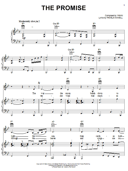 Learn to play Yanni The Promise sheet music for Piano, Vocal & Guitar Chords (Right-Hand Melody) in minutes. Price: 7.8900$ Yanni The Promise sheet music notes and chords arranged for Piano, Vocal & Guitar Chords (Right-Hand Melody)