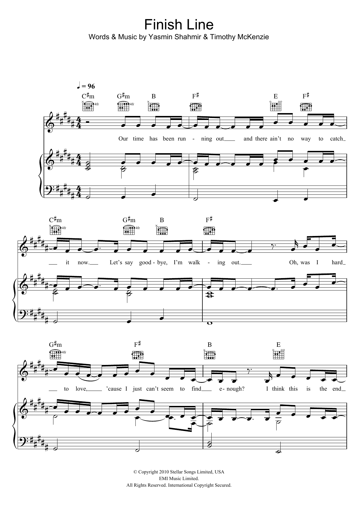 Learn to play Yasmin Finish Line sheet music for Piano, Vocal & Guitar Chords in minutes. Price: 7.8900$ Yasmin Finish Line sheet music notes and chords arranged for Piano, Vocal & Guitar Chords