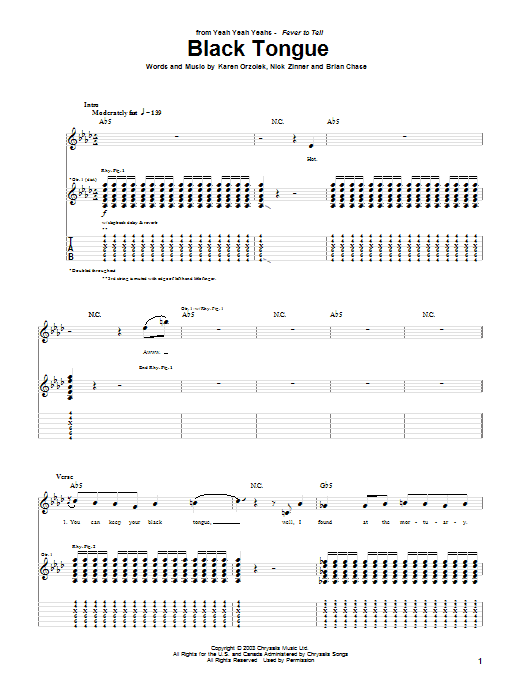 Learn to play Yeah Yeah Yeahs Black Tongue sheet music for Guitar Tab in minutes. Price: 7.8900$ Yeah Yeah Yeahs Black Tongue sheet music notes and chords arranged for Guitar Tab
