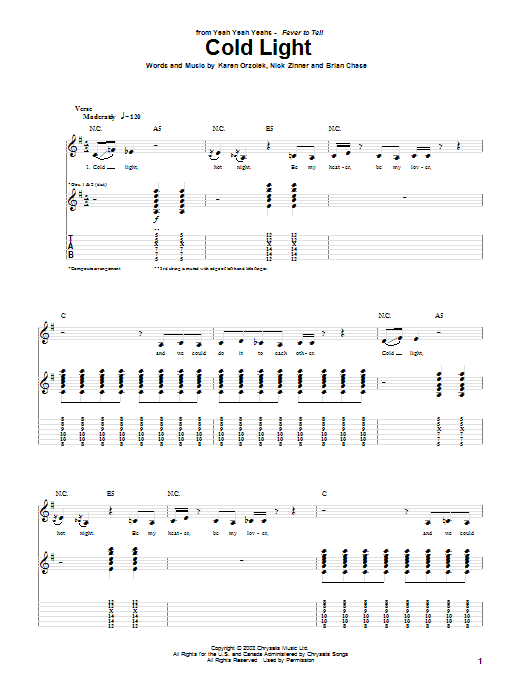 Learn to play Yeah Yeah Yeahs Cold Light sheet music for Guitar Tab in minutes. Price: 7.8900$ Yeah Yeah Yeahs Cold Light sheet music notes and chords arranged for Guitar Tab
