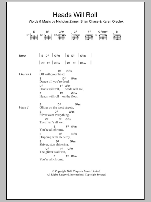 Yeah Yeah Yeahs Heads Will Roll sheet music notes and chords. Download Printable PDF.