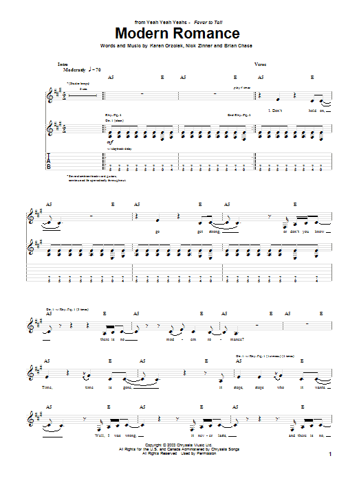 Learn to play Yeah Yeah Yeahs Modern Romance sheet music for Guitar Tab in minutes. Price: 7.8900$ Yeah Yeah Yeahs Modern Romance sheet music notes and chords arranged for Guitar Tab