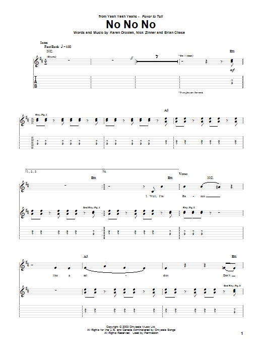 Yeah Yeah Yeahs No No No sheet music notes and chords arranged for Guitar Tab