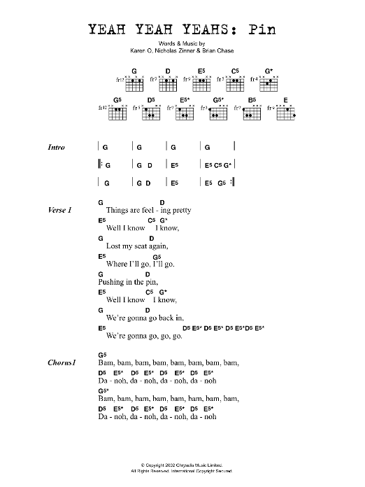 Yeah Yeah Yeahs Pin sheet music notes and chords arranged for Guitar Chords/Lyrics