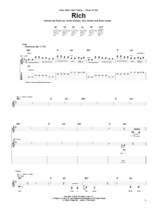 Learn to play Yeah Yeah Yeahs Rich sheet music for Guitar Tab in minutes. Price: 7.8900$ Yeah Yeah Yeahs Rich sheet music notes and chords arranged for Guitar Tab
