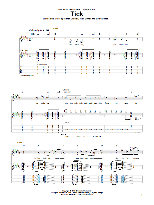 Learn to play Yeah Yeah Yeahs Tick sheet music for Guitar Tab in minutes. Price: 7.8900$ Yeah Yeah Yeahs Tick sheet music notes and chords arranged for Guitar Tab