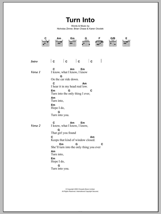 Yeah Yeah Yeahs Turn Into sheet music notes and chords arranged for Guitar Chords/Lyrics