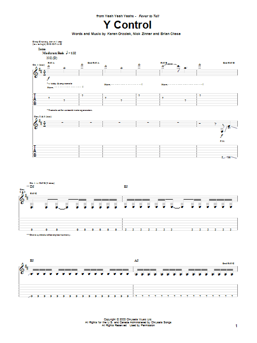 Learn to play Yeah Yeah Yeahs Y Control sheet music for Guitar Tab in minutes. Price: 7.8900$ Yeah Yeah Yeahs Y Control sheet music notes and chords arranged for Guitar Tab