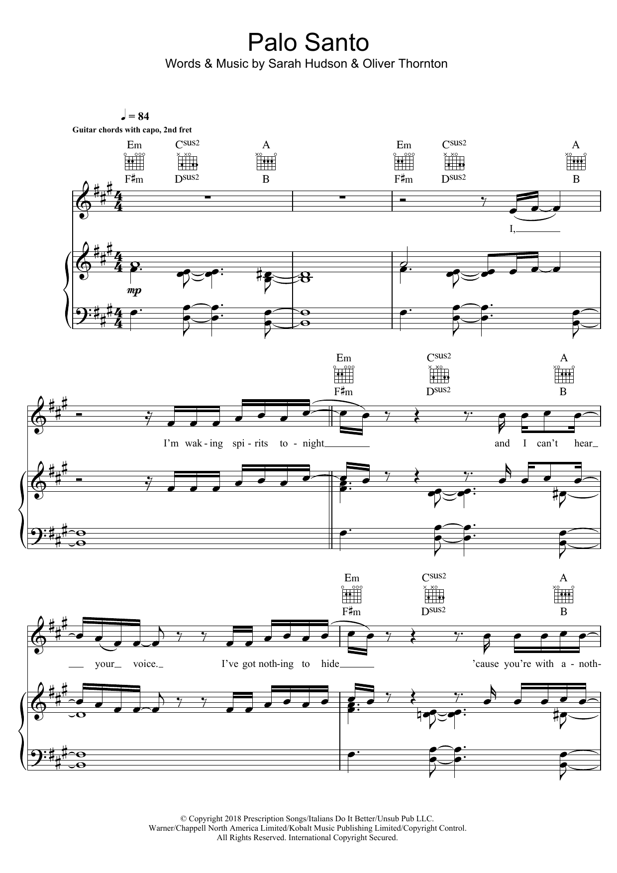 Learn to play Years & Years Palo Santo sheet music for Piano, Vocal & Guitar Chords in minutes. Price: 7.8900$ Years & Years Palo Santo sheet music notes and chords arranged for Piano, Vocal & Guitar Chords