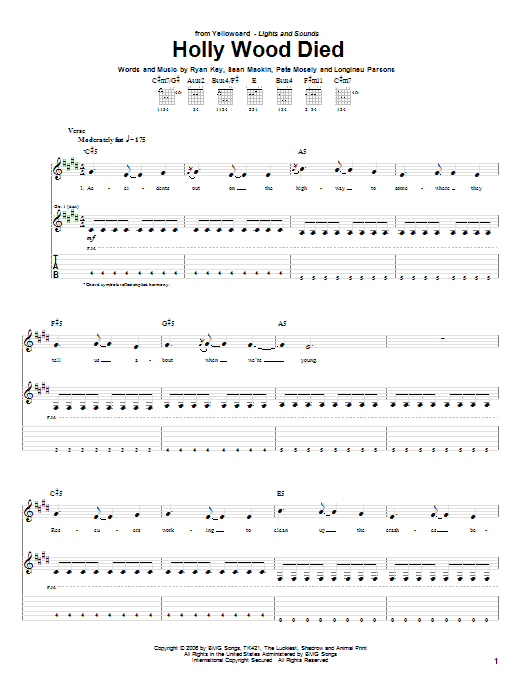 Learn to play Yellowcard Holly Wood Died sheet music for Guitar Tab in minutes. Price: 7.8900$ Yellowcard Holly Wood Died sheet music notes and chords arranged for Guitar Tab