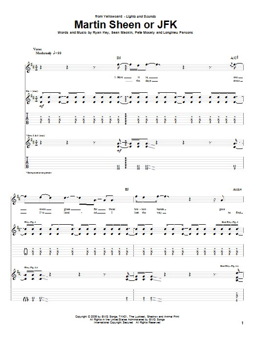 Learn to play Yellowcard Martin Sheen Or JFK sheet music for Guitar Tab in minutes. Price: 7.8900$ Yellowcard Martin Sheen Or JFK sheet music notes and chords arranged for Guitar Tab