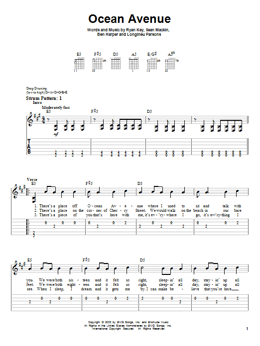 Yellowcard Ocean Avenue sheet music notes and chords. Download Printable PDF.