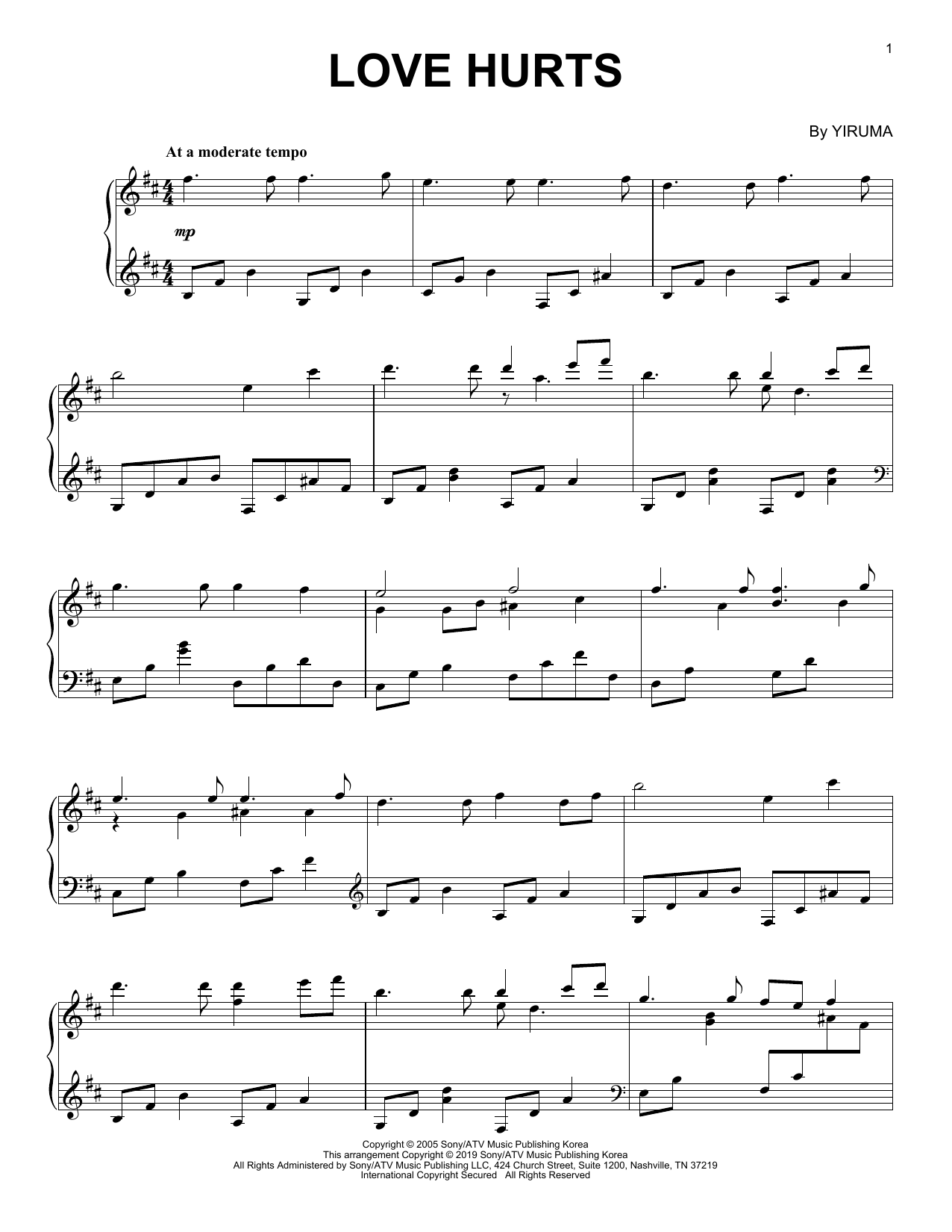 Yiruma Love Hurts sheet music notes and chords. Download Printable PDF.