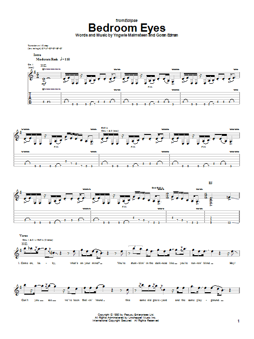 Learn to play Yngwie Malmsteen Bedroom Eyes sheet music for Guitar Tab in minutes. Price: 7.8900$ Yngwie Malmsteen Bedroom Eyes sheet music notes and chords arranged for Guitar Tab