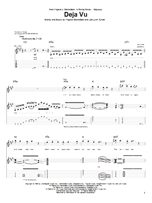 Learn to play Yngwie Malmsteen Deja Vu sheet music for Guitar Tab in minutes. Price: 7.8900$ Yngwie Malmsteen Deja Vu sheet music notes and chords arranged for Guitar Tab