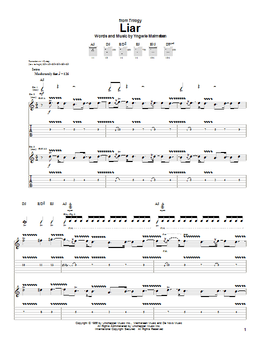 Learn to play Yngwie Malmsteen Liar sheet music for Guitar Tab in minutes. Price: 7.8900$ Yngwie Malmsteen Liar sheet music notes and chords arranged for Guitar Tab