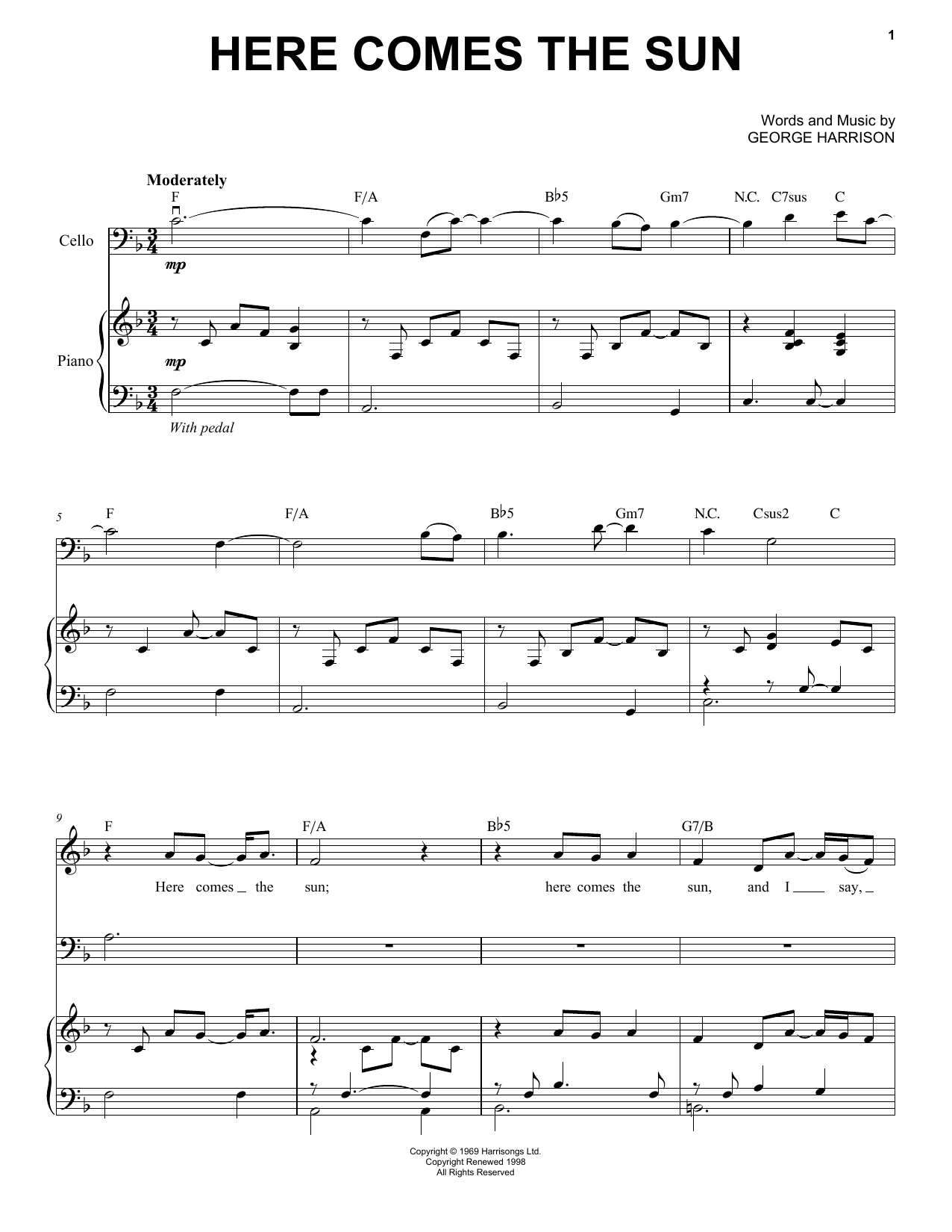 Yo-Yo Ma Here Comes The Sun sheet music notes and chords. Download Printable PDF.