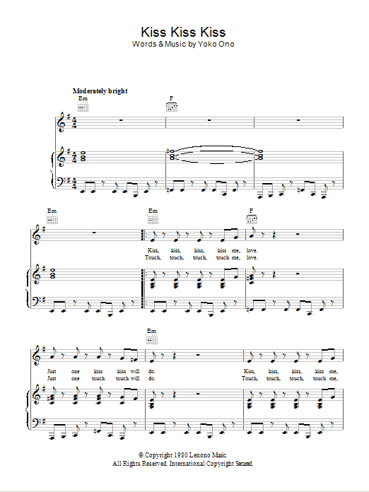 Yoko Ono Kiss, Kiss, Kiss sheet music notes and chords arranged for Piano, Vocal & Guitar Chords