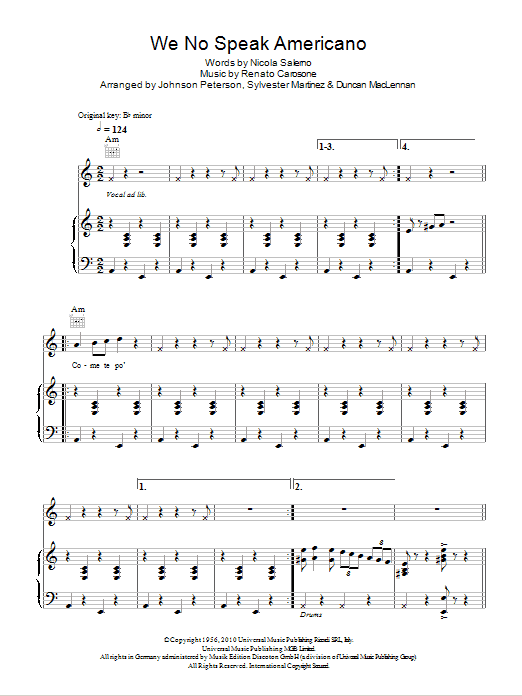 Yolanda Be Cool & DCUP We No Speak Americano sheet music notes and chords. Download Printable PDF.