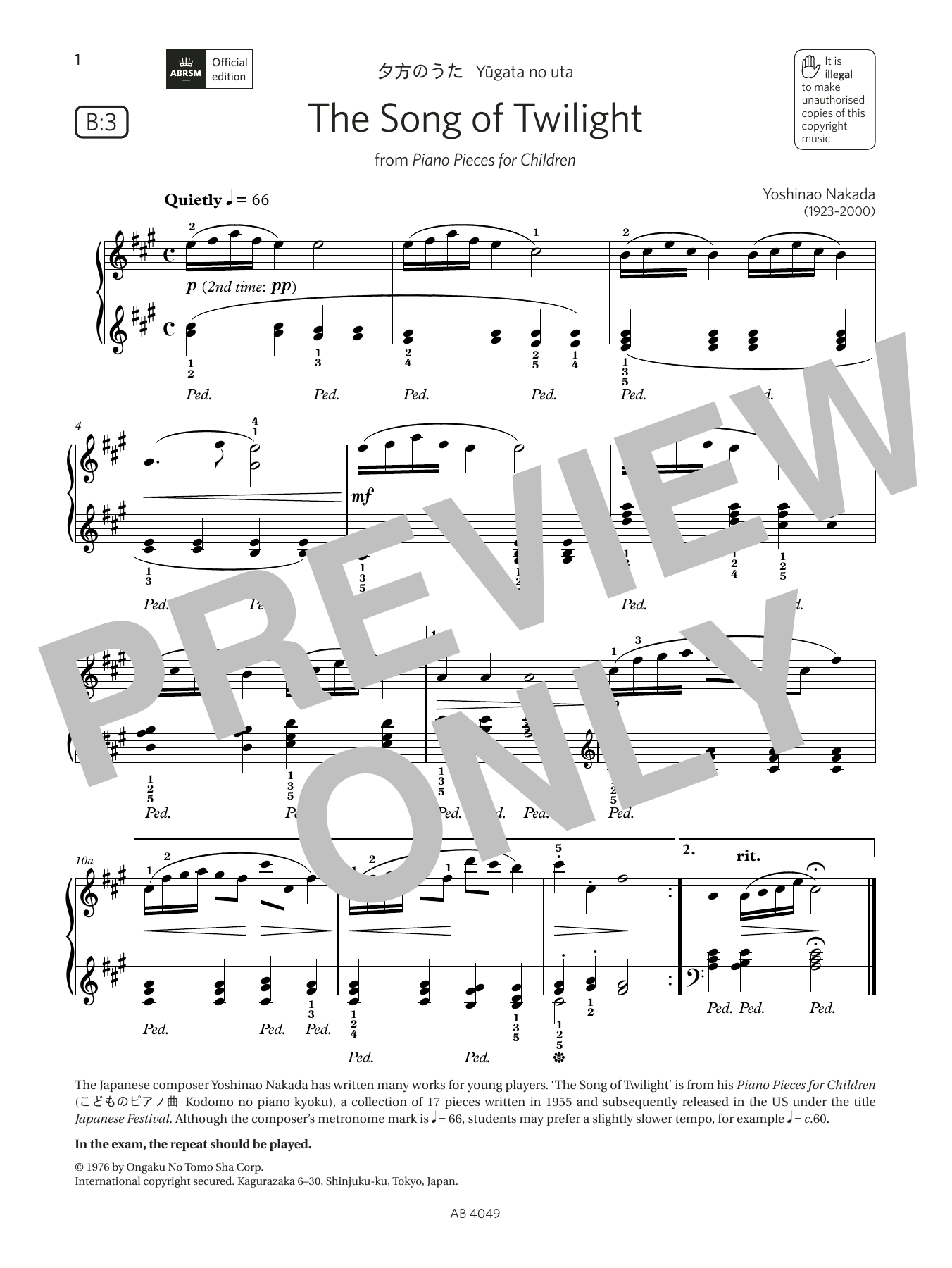 Yoshinao Nakada The Song of Twilight (Grade 3, list B3, from the ABRSM Piano Syllabus 2023 & 2024) sheet music notes and chords. Download Printable PDF.