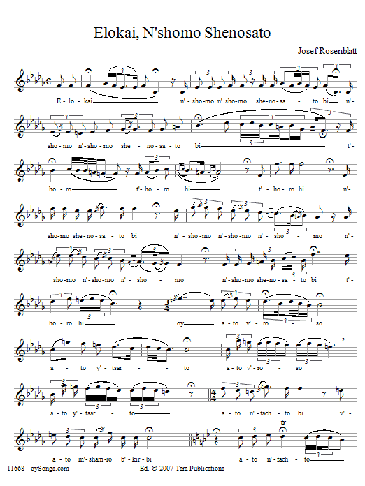 Learn to play Yossele Rosenblatt Elokai N'shomo Shenosato sheet music for Lead Sheet / Fake Book in minutes. Price: 5.9900$ Yossele Rosenblatt Elokai N'shomo Shenosato sheet music notes and chords arranged for Lead Sheet / Fake Book
