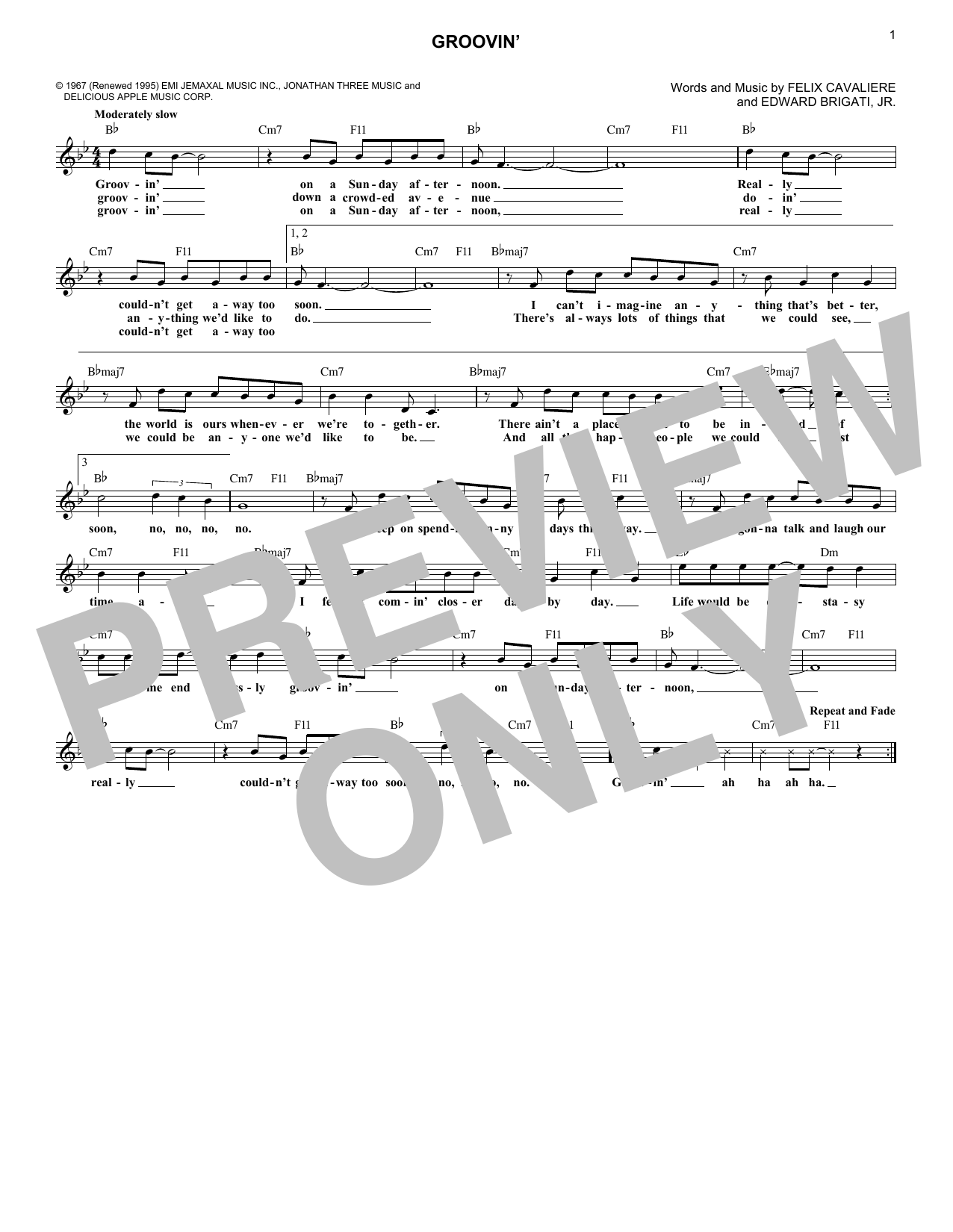 Young Rascals Groovin' sheet music notes and chords. Download Printable PDF.